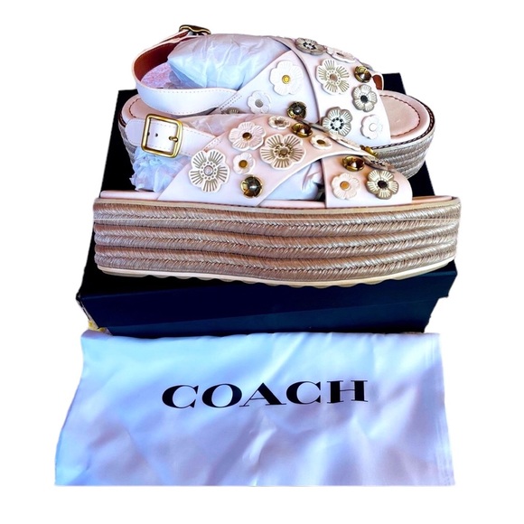 Coach Metallic white espadrille platform sandals with metallic flower studs. - Picture 6 of 11